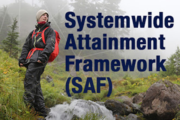 Systemwide Attainment Framework headline text over photo of a student outdoors