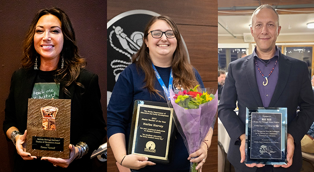 Three portraits cropped together in a row. All three are smiling, holding award plaques. Left to right: Varnell (long hair and a dark shirt), Harvey (long hair and a dark shirt), and Hill (buzzed hair and a dark blazer).