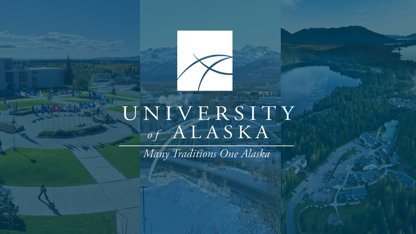 a blue tinted collage of three campuses with the UA logo overlaid in front