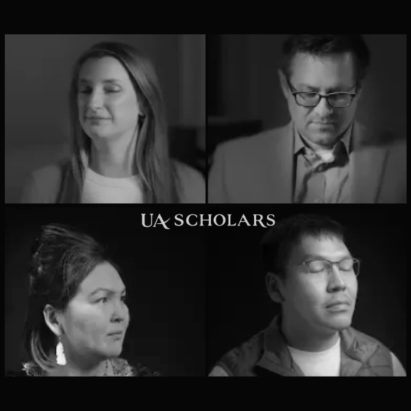 four screenshots from the videos in a collage. Two women and two men in black and white portraits.