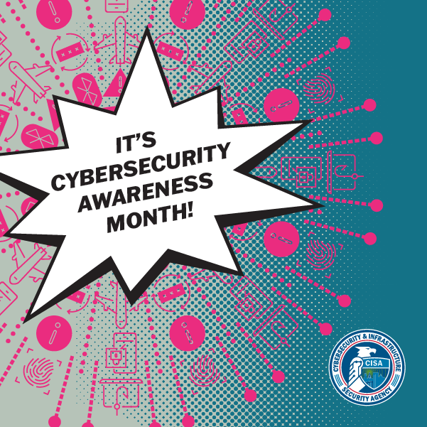 It's Cybersecurity Awareness Month stylized Graphic with pink and gray