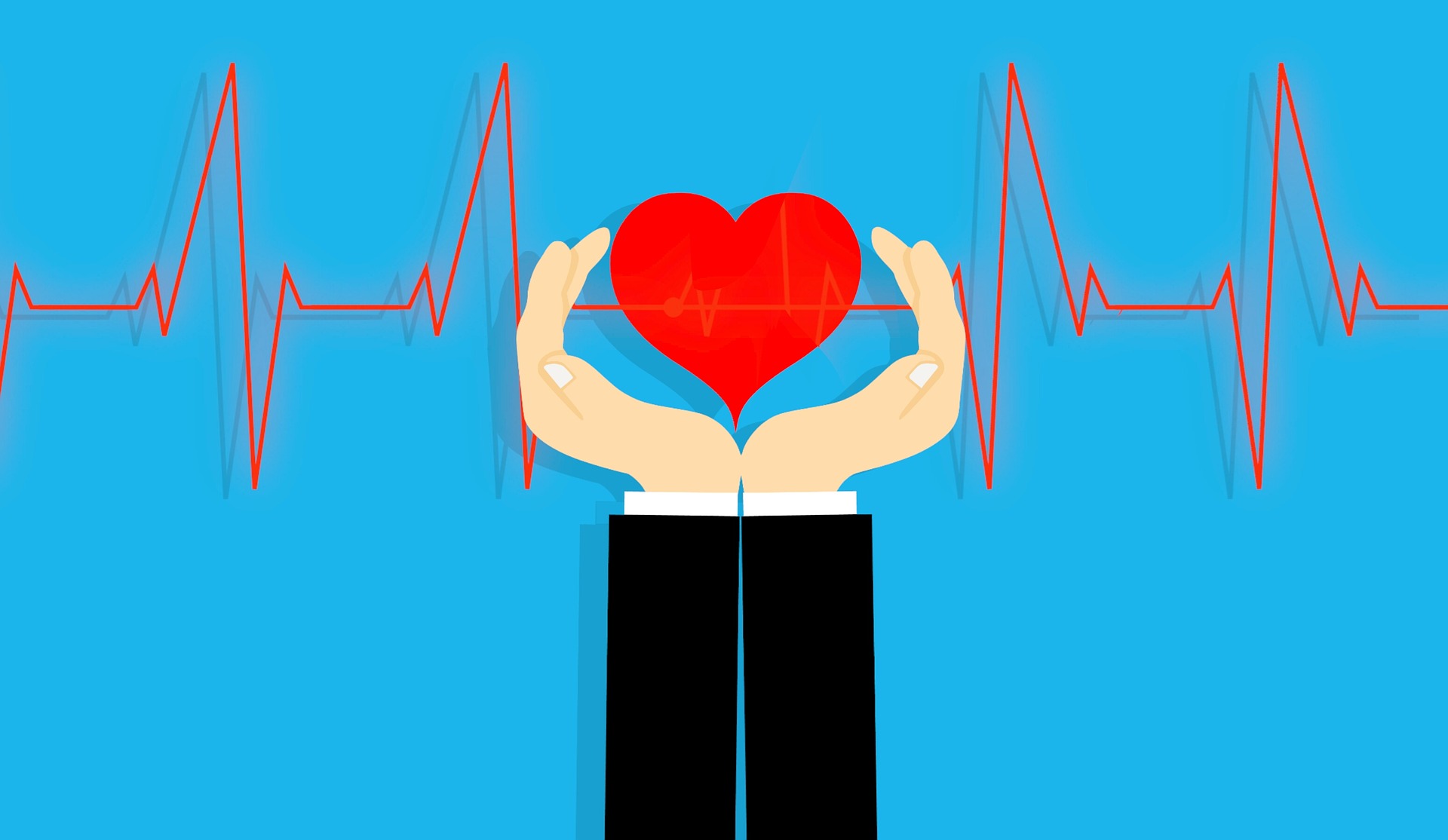 heart shape held gently between in hands graphic, blue background with heartbeat along background.