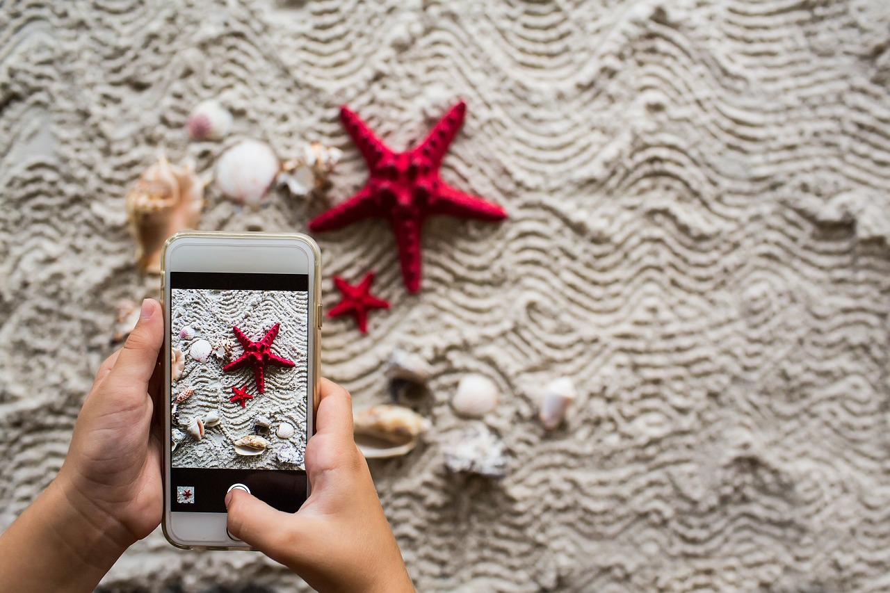 a photo of someone using a smart phone to take a photo of a bright red starfish in the sand