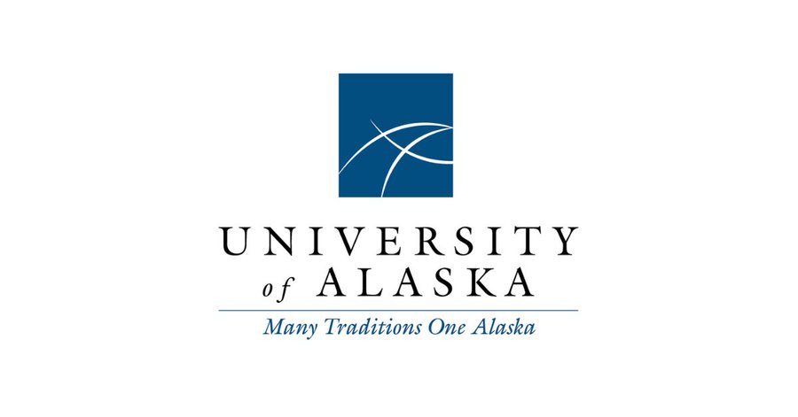 white background blue university of alaska logo - white A on square with words University of Alaska in black and Many Traditions One Alaska in blue