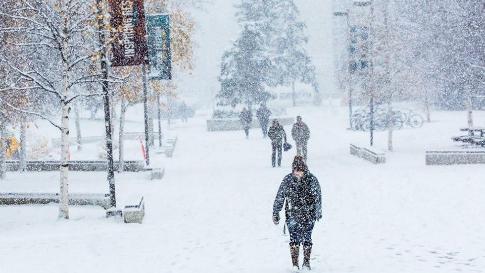 thick snow falls as people walk in the distance