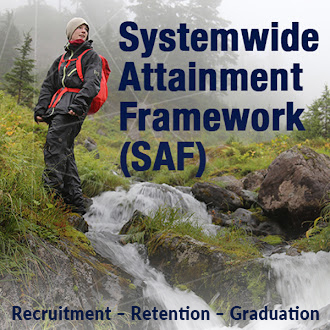 Text over image of a person outdoors says: Systemwide Attainment Framework. Recruitment, retention, graduation