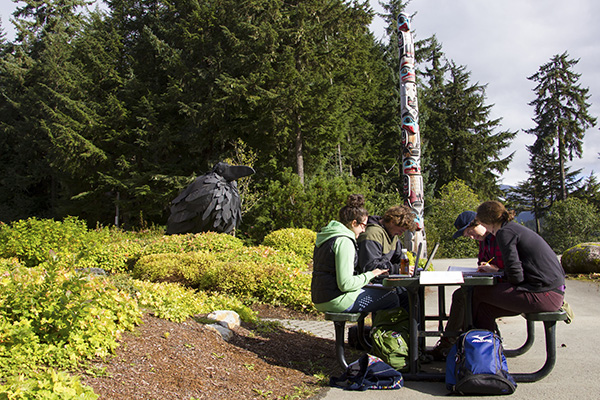 Students seated at a table outside on UAS campus