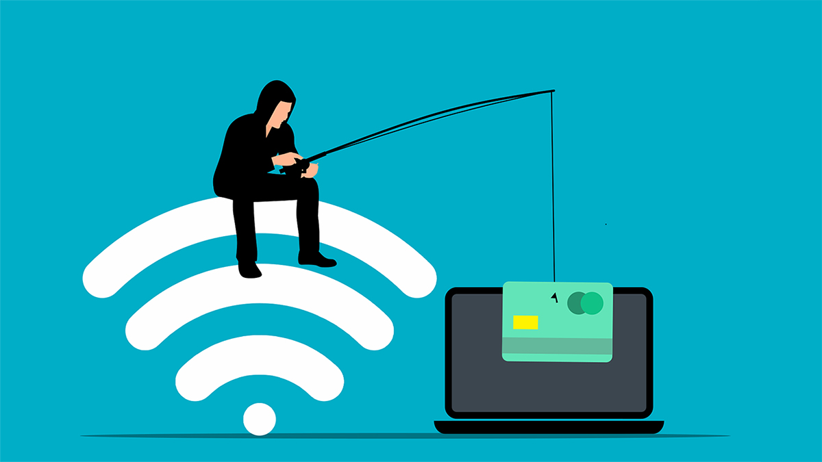 Phishing illustration - a thief using a fishing rod with wi-fi symbol in the background