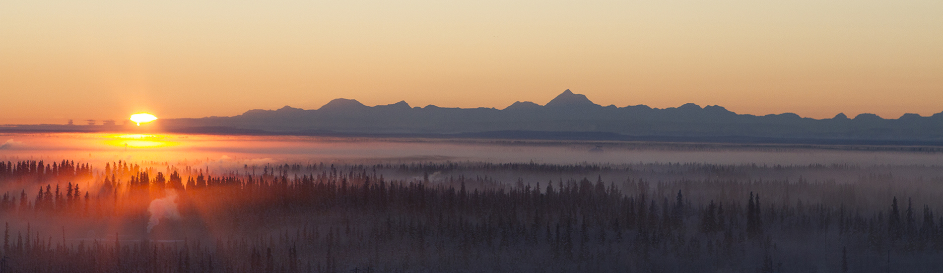 Winter sunrise over the Alaska Range with ice fog in the foreground