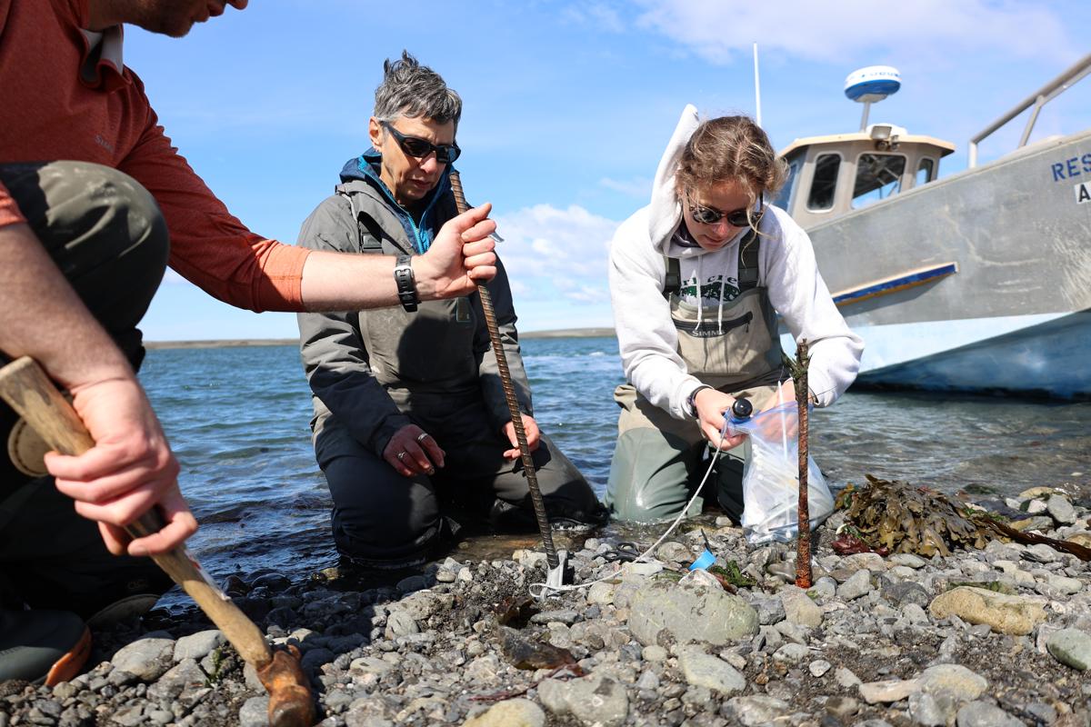 Female scientists installing equipment on a beach with a boat nearby on the water.