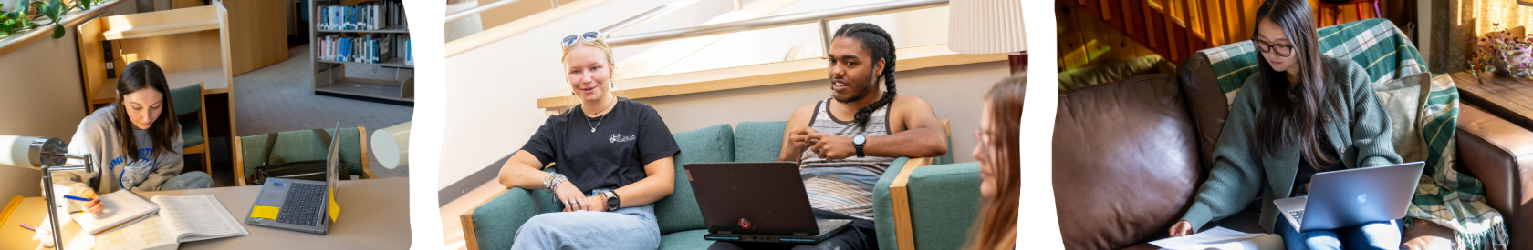 Three photos side by side, one of a student at a desk working, one of two students sitting on a couch talking with a group and one of a student sitting on a couch with her laptop on her lap