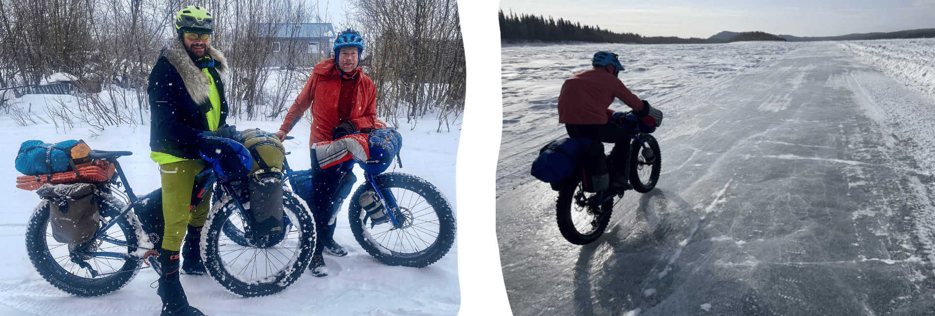 Forest Wagner and Ned Rozell on bikes in the snow and a photo of Ned Rozell biking on a frozen lake