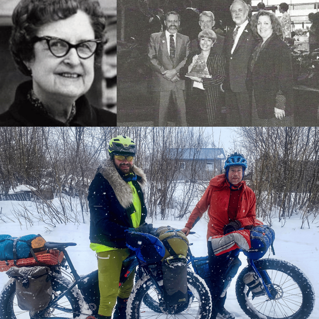 Edith R. Bullock, photo of the first award recipient with leadership, photo of Forest Wagner and Ned Rozell on bikes