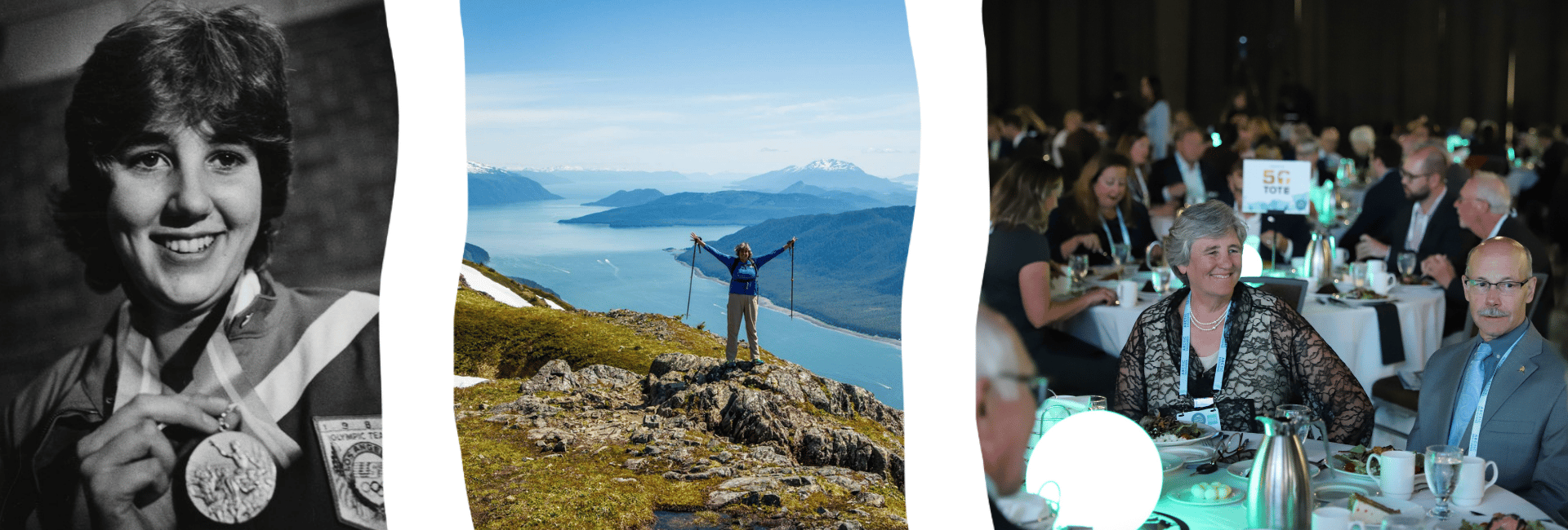 Photos of Pat Pitney as an Olympic Gold Medalist, climbing a mountain, and sitting by Mike Sfraga at an event.