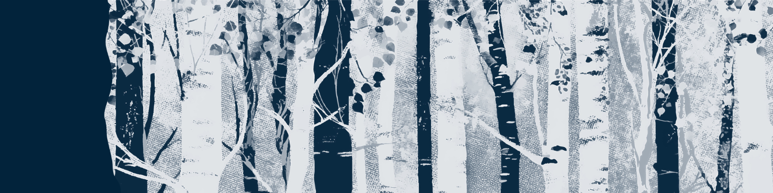 Graphic rendition of blue and white birch trees