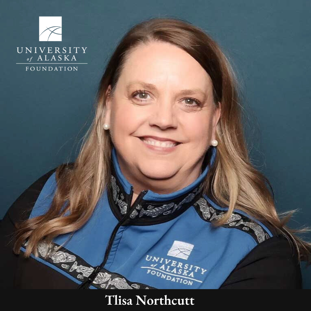 Professional photo of Tlisa Northcutt wearing her UA Foundation vest against a blue background with the UA Foundation logo in the top left corner.