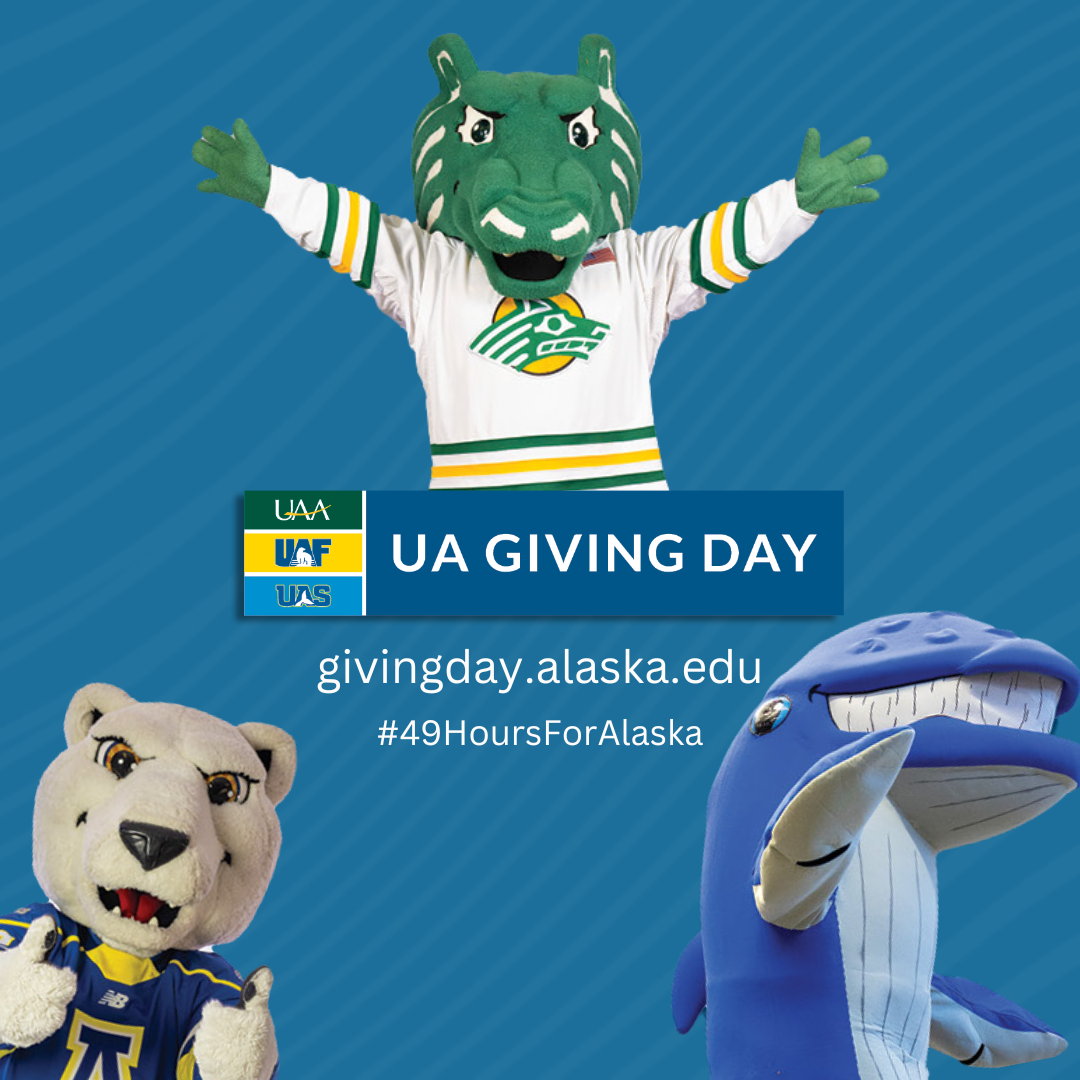 The UA Giving Day logo is against a blue background with mascots surrounding it - UAF's Nook, UAA's Spirit and UAS's Spike. The text includes: givingday.alaska.edu and #49HoursForAlaska 