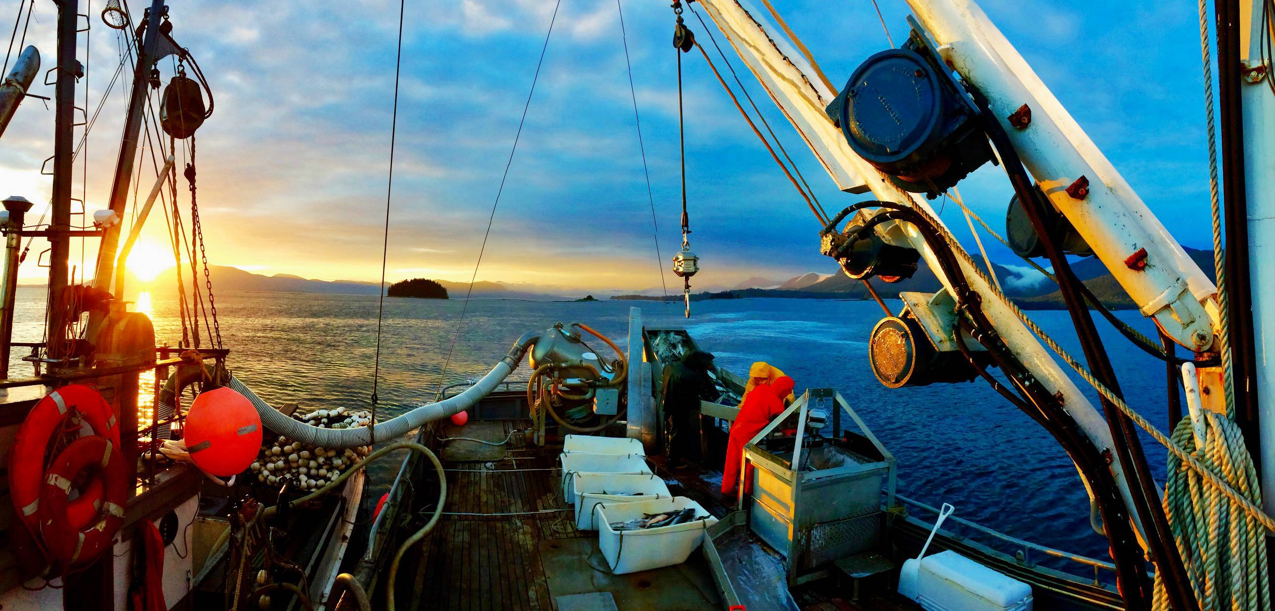 Fishing boat in Alaska at sunset