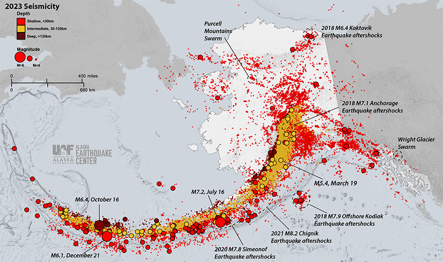 2023 seismicity map for Alaska and the neighboring regions.