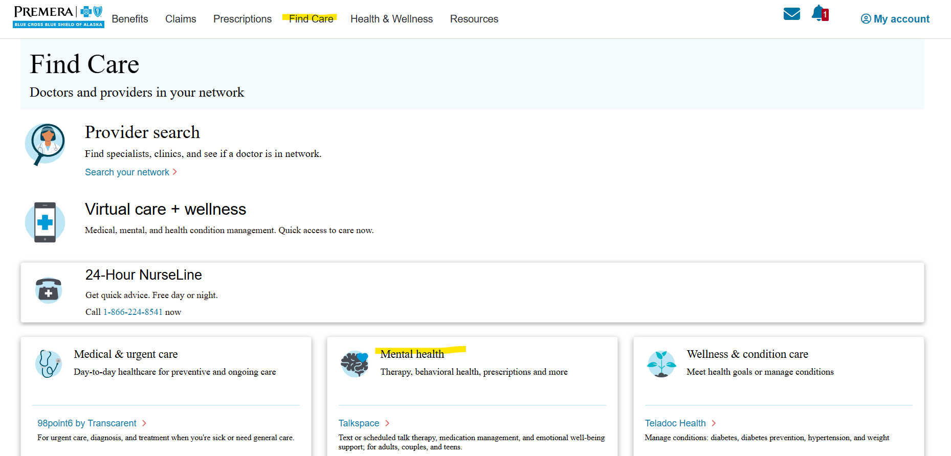 snip of premera's find care webpage highlighting mental health