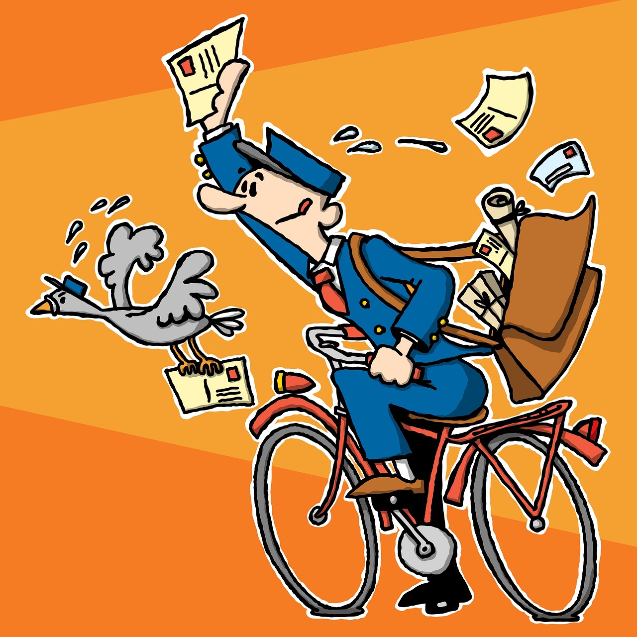 cartoon drawing of mailman on bike waiving letters around