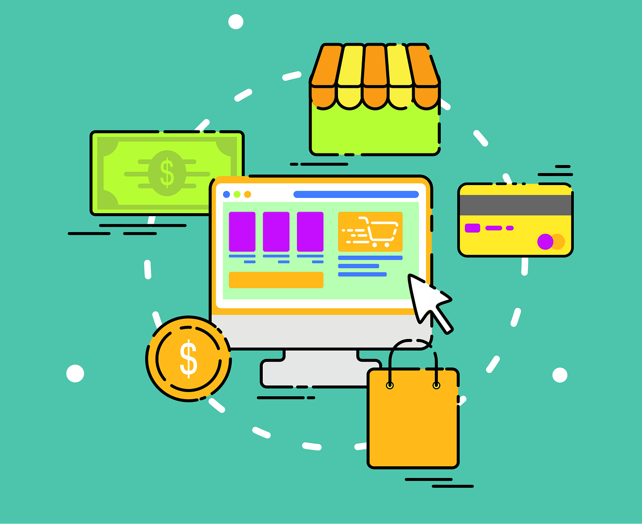 Drawing of a computer with credit card, shopping cart, and other shopping items circling around the computer