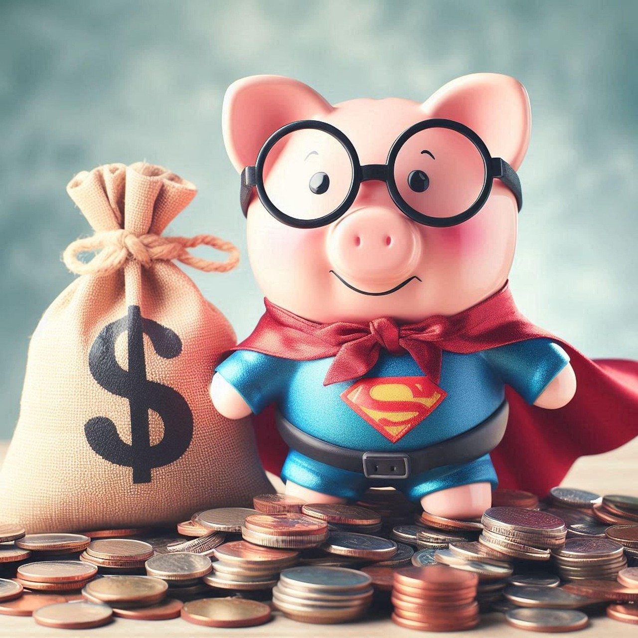 ai cartoon of piggy bank dressed as superman