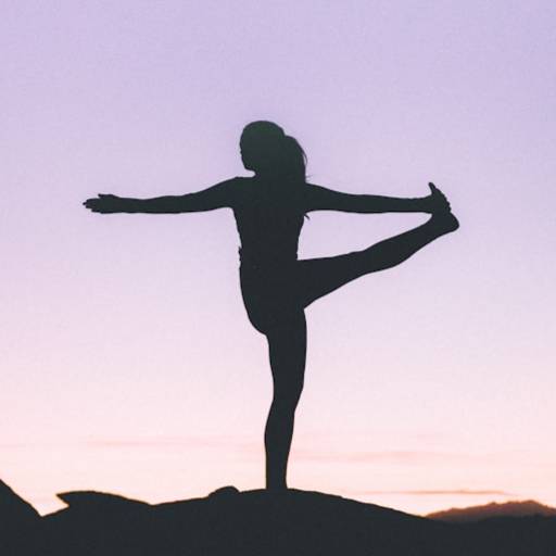 Well Being Yoga Pose by shadowed woman balanced on a mountain with sunrise in background