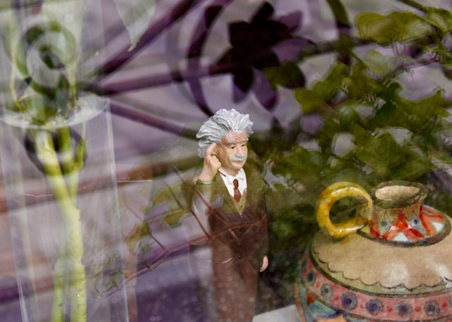 Figurine of Einstein and a decorative pot viewed through a window reflecting foliage and an ornate fence.