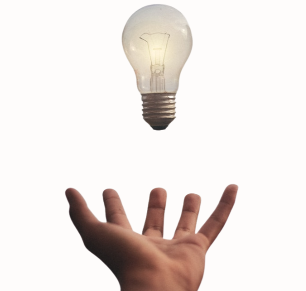 A hand stretched out, palm up, with a light bulb floating above it.