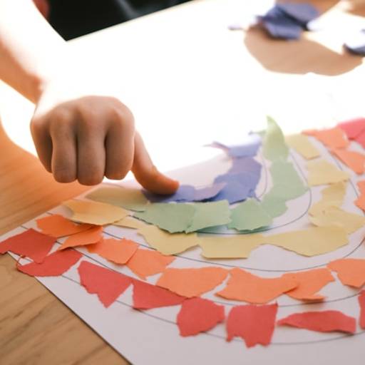 Kids hand pushing down color pieces of paper that make a color rainbow on white paper