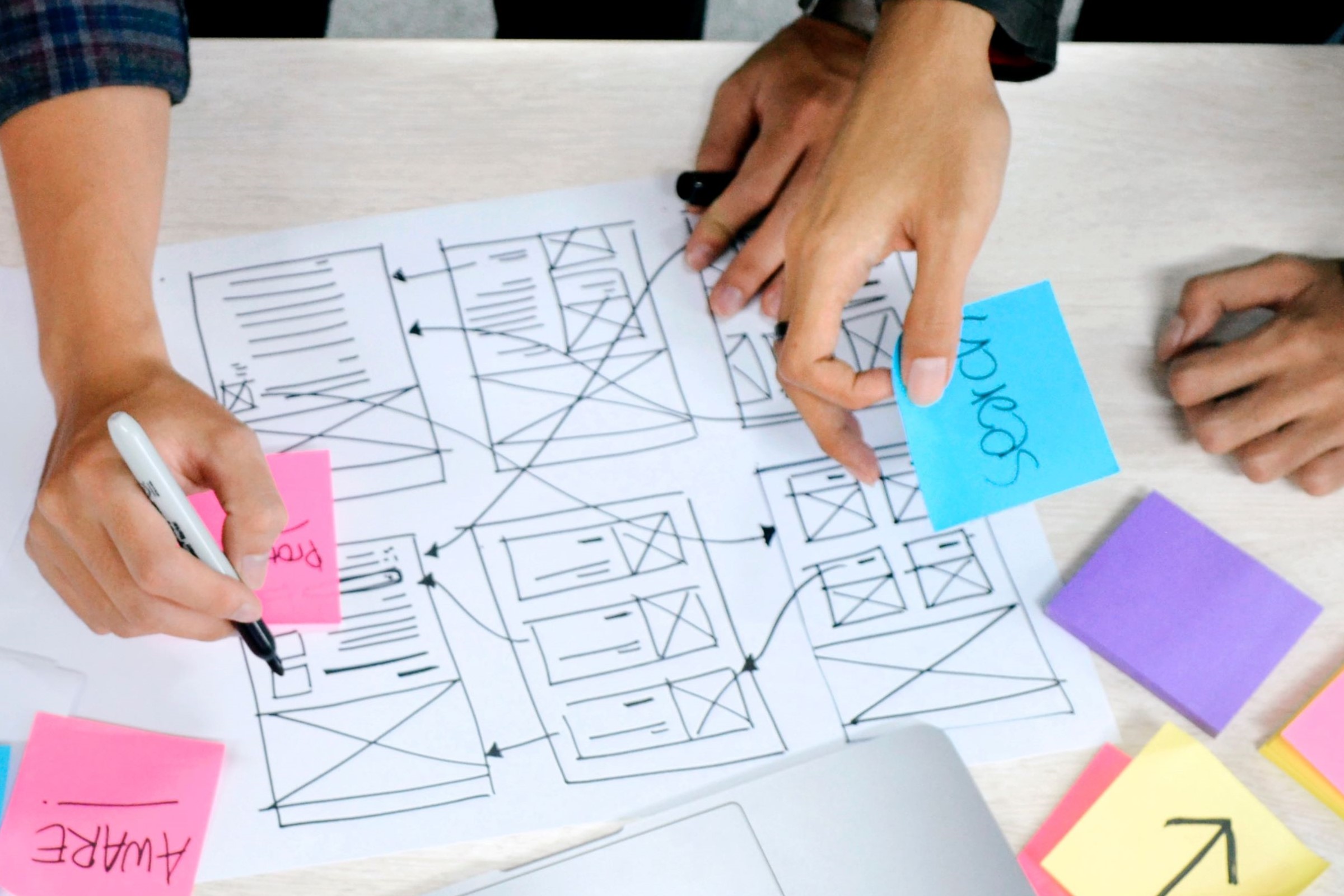 Hands over a sheet of paper mapping out a flowchart.