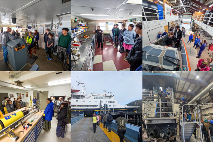 a collage of students on different parts of a ferry vessel