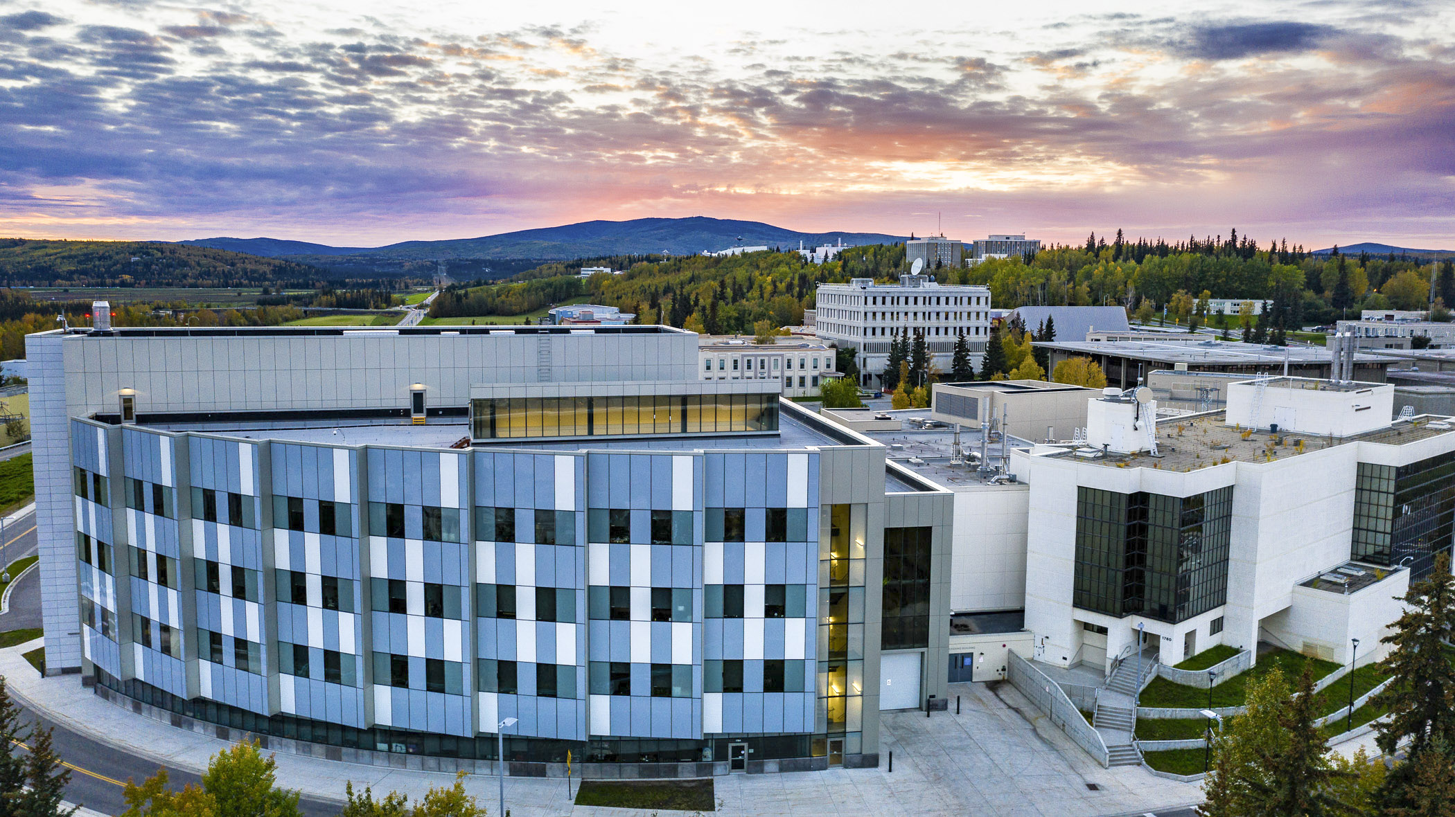 aerial photo looking down on the Butrovich building in twilight