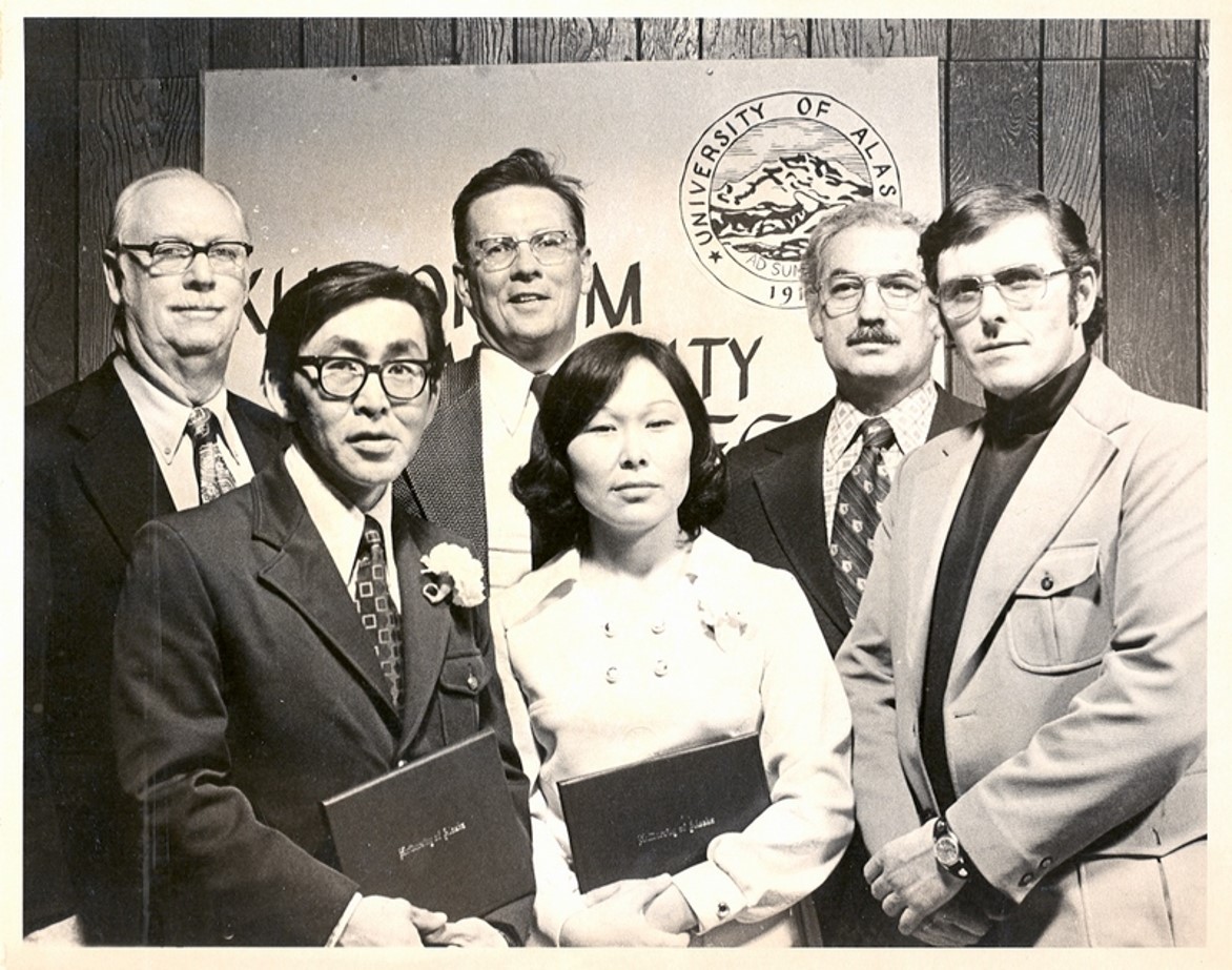 Photo of the first graduation in 1975. Robert Hiatt, Louis Andrew, Lewis Haines, Beatrice Jones, Hugh Fate Jr., and Patrick O-Rourke are pictured.