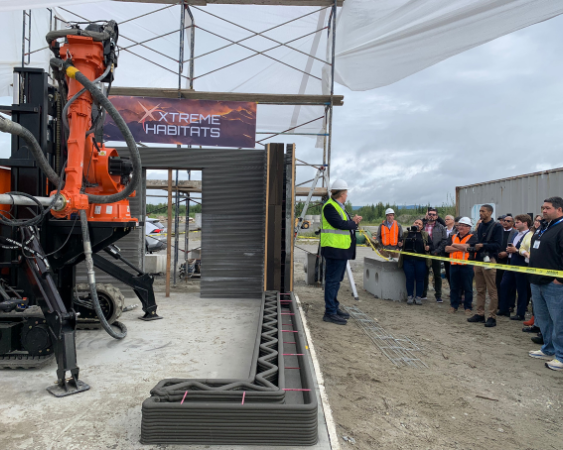 the 3D printer builds the walls of the test structure outside of Fairbanks