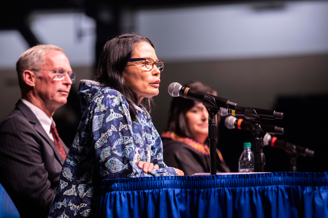 University leaders took center stage at a panel discussion during the Alaska Federation of Natives Convention to discuss Article VII of Alaska’s Constitution which requires the state to establish and maintain a public school system, including a state university.
