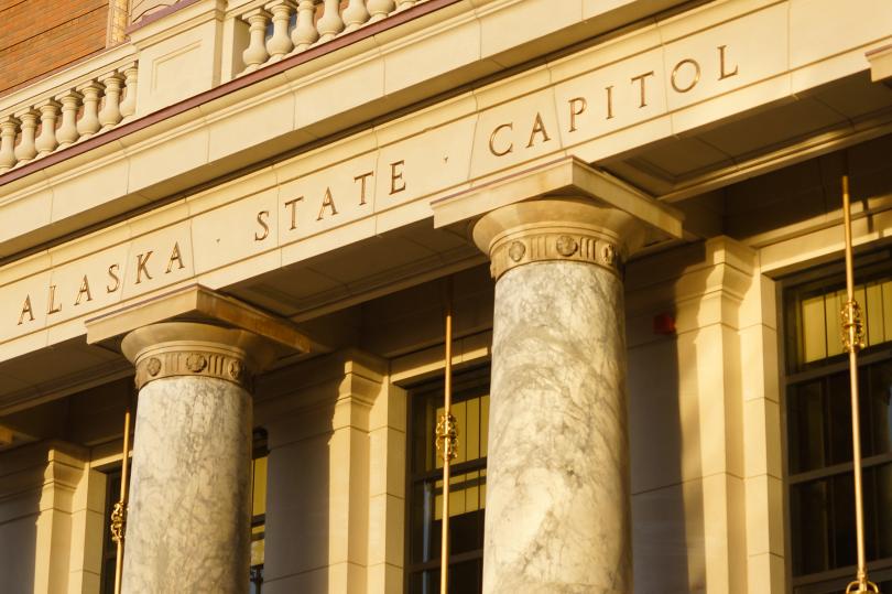 The front steps of the Alaska State Capitol building