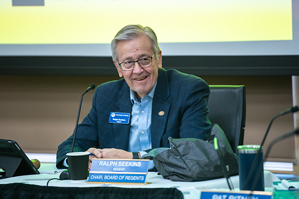 Board Chair Seekins sits in a Regent meeting