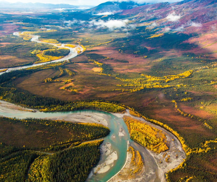 an overhead view down on a river in Denali National Park