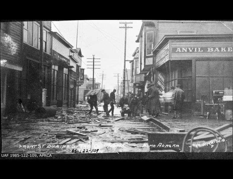 historical photo of Nome street during a storm on October 7, 1913