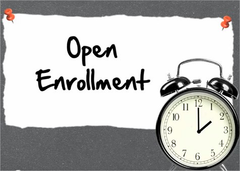 Graphic saying Open Enrollment with a clock
