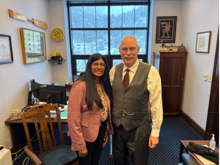 Chancellor Palmer confers with Senator Stedman on issues involving Sitka.