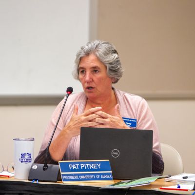 UA President Pat Pitney speaks during a Board of Regent meeting