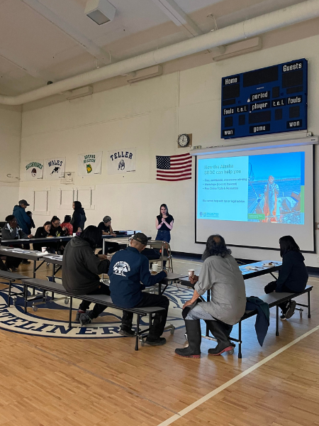 Rural Advisor Ruth Wolfe teaches a workshop in a gymnasium in Little Diomede