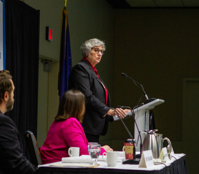 President Pitney speaks from the podium during the address.