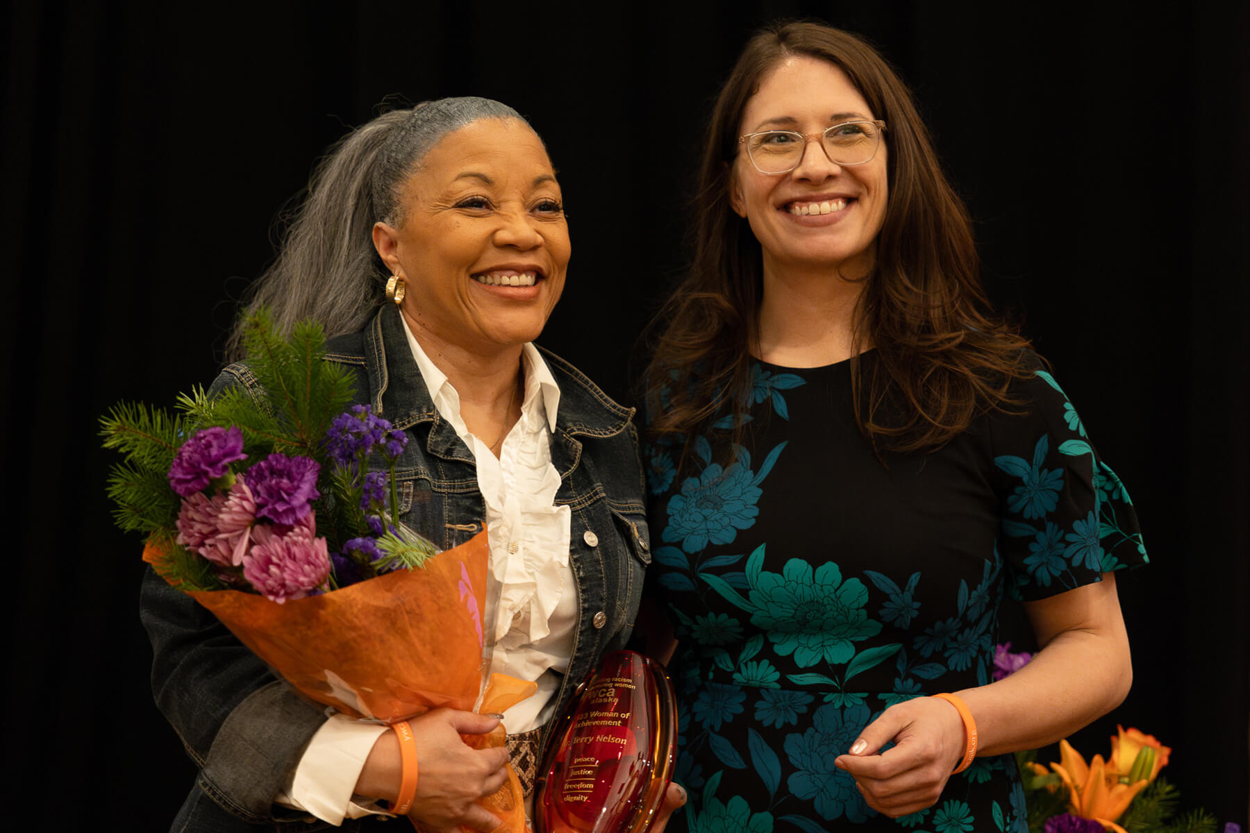 Dr. Terry Nelson, left, receives the 2023 YWCA Woman of Achievement Award. Photo courtesy of Chynna Lockett/University of Alaska Anchorage.