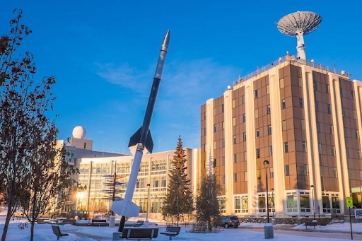 Outside view on winter day of the UAF geophysical institute building