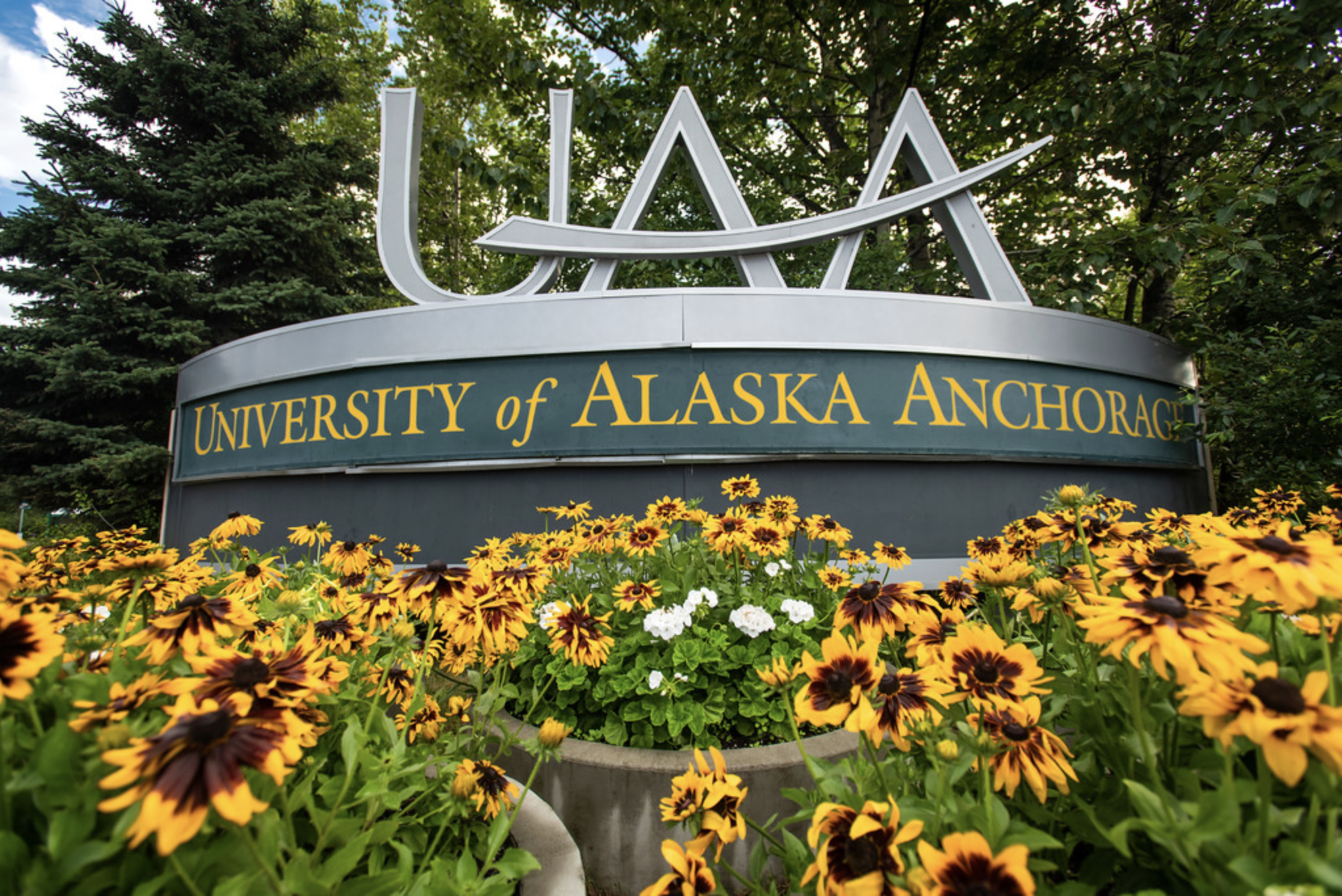UAA sign in summer surrounded by flowers
