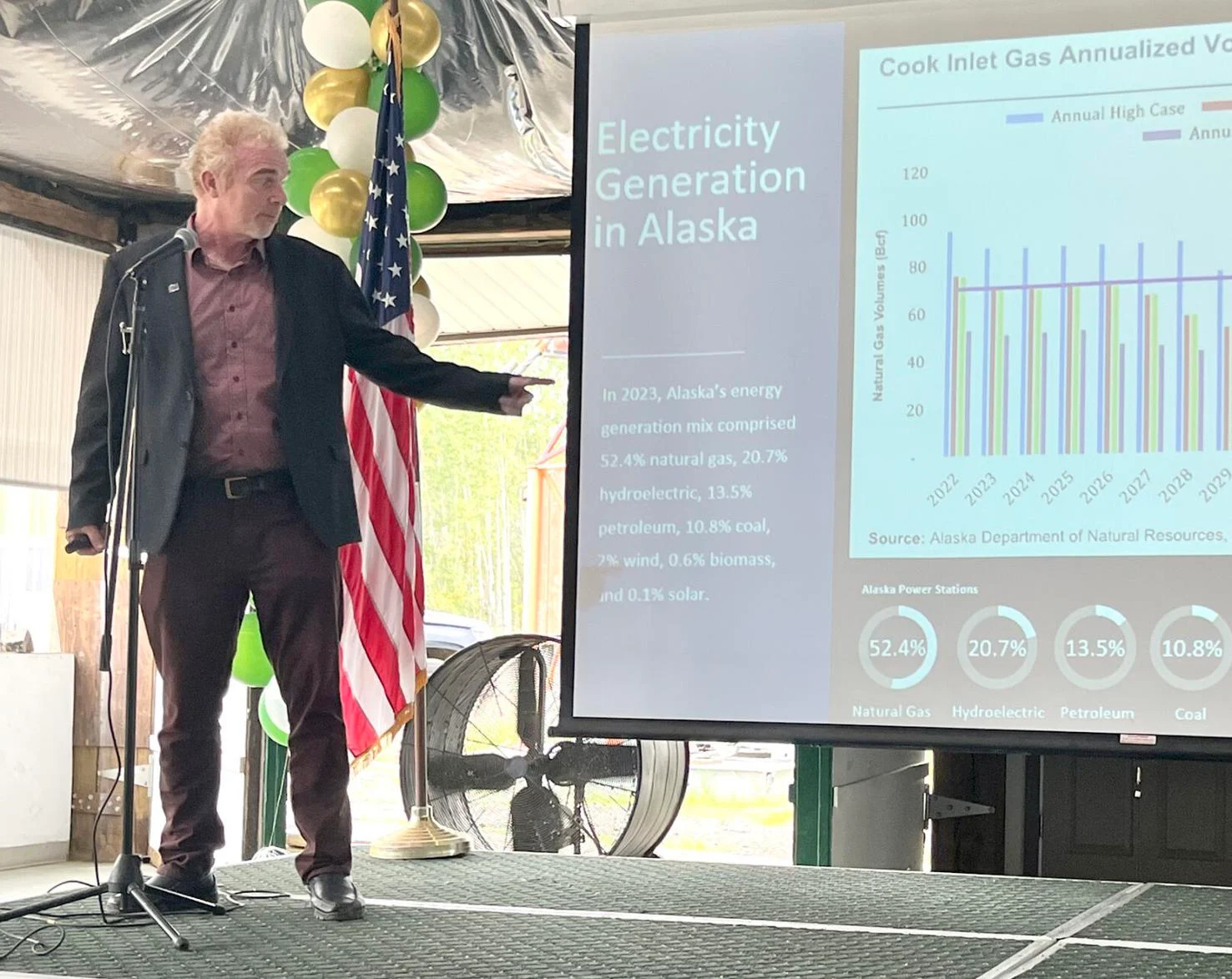 Bill Schnabel, the dean of the University of Alaska Fairbanks College of Engineering and Mines points to his slide on stage